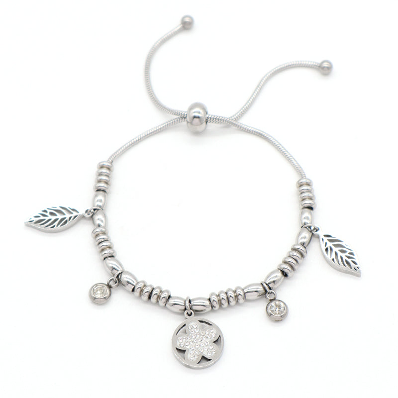 Newest Wholesale 2023 Fashionable Factory Custom Women Jewelry Ajustable Stainless Steel Gold Plated Four Leaf Clover Flower leaf CZ Charm Bangle Bracelet