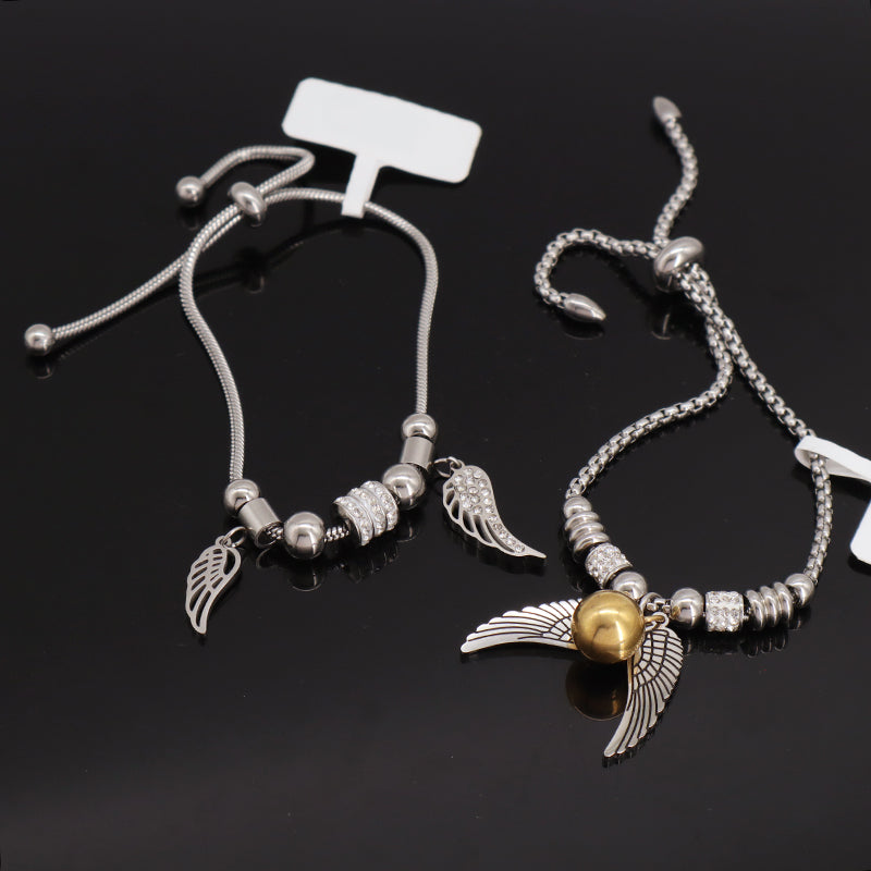 New Arrival Fashion China Factory Wholesale Custom Gift Jewelry CZ No Tarnish Ajustable Stainless Steel Wing Charm Bracelet Bangle For Women