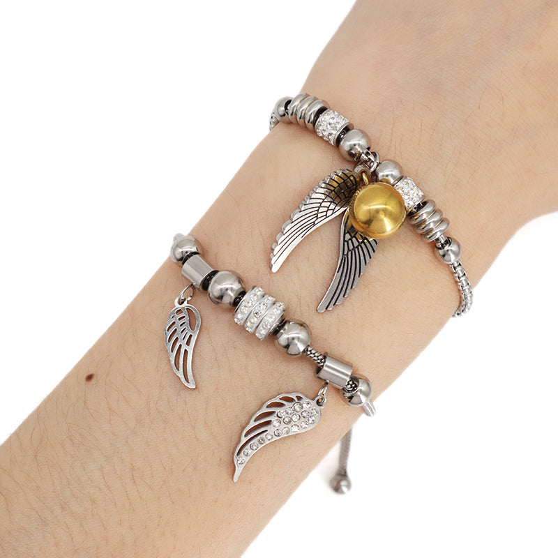 New Arrival Fashion China Factory Wholesale Custom Gift Jewelry CZ No Tarnish Ajustable Stainless Steel Wing Charm Bracelet Bangle For Women