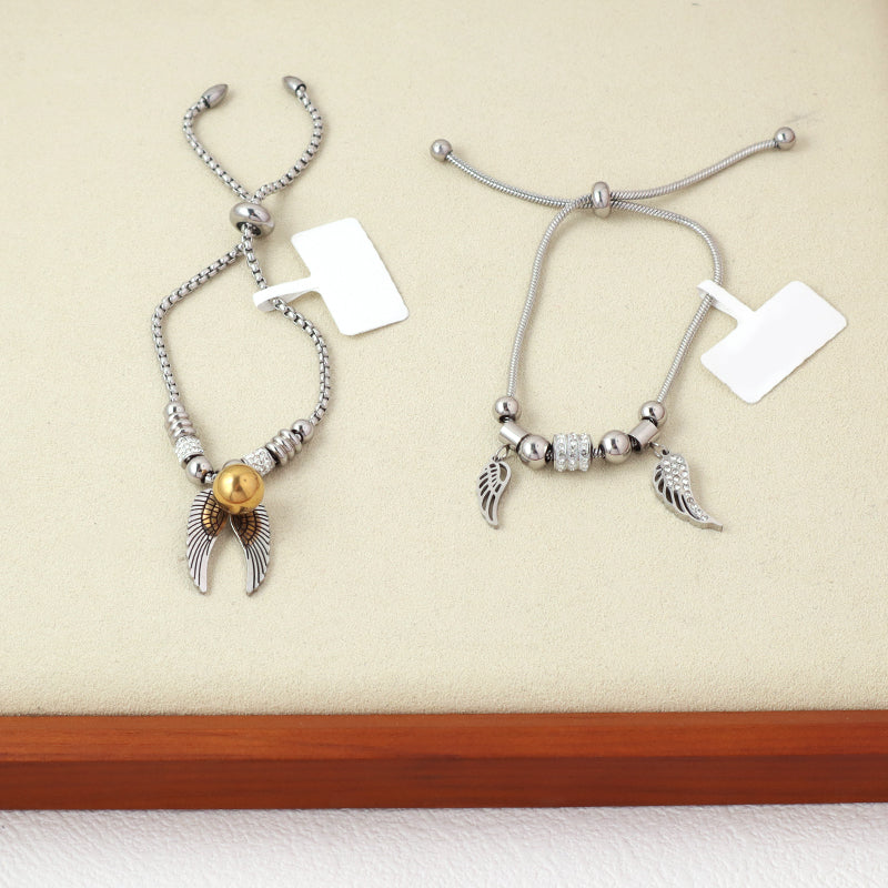 New Arrival Fashion China Factory Wholesale Custom Gift Jewelry CZ No Tarnish Ajustable Stainless Steel Wing Charm Bracelet Bangle For Women