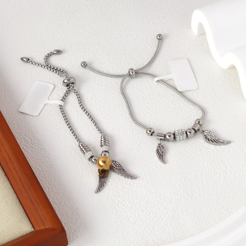 New Arrival Fashion China Factory Wholesale Custom Gift Jewelry CZ No Tarnish Ajustable Stainless Steel Wing Charm Bracelet Bangle For Women