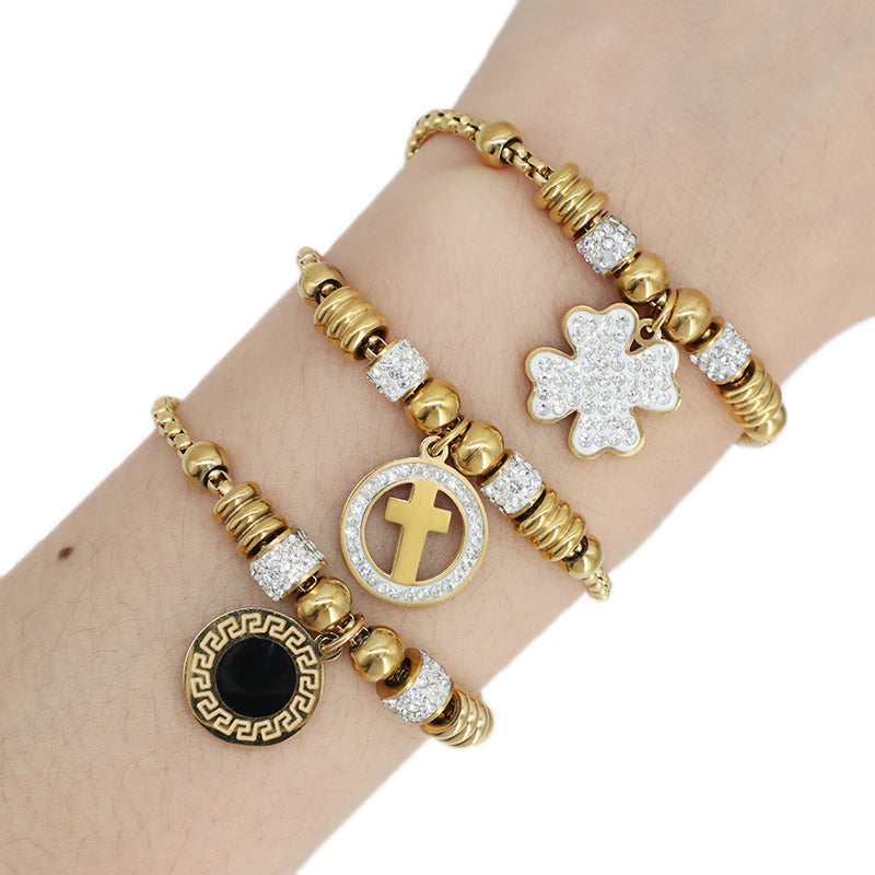 Newest 2023 Manufacture Fashion Factory Wholesale Custom Jewelry Stainless Steel Gold Plated Ajustable CZ Round Cross Flower Charm Bracelet Bangle For Women Gift