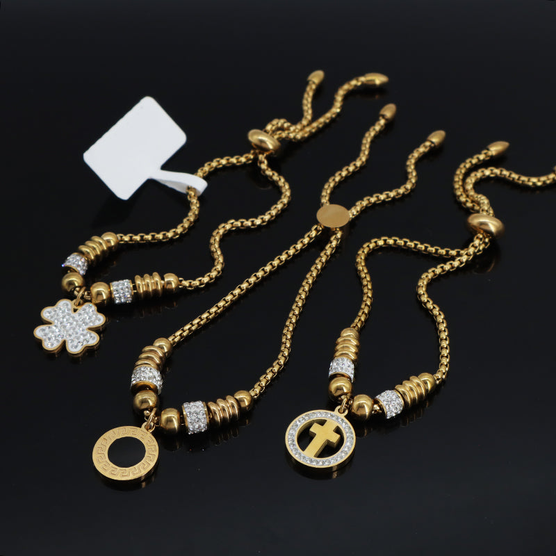 Newest 2023 Manufacture Fashion Factory Wholesale Custom Jewelry Stainless Steel Gold Plated Ajustable CZ Round Cross Flower Charm Bracelet Bangle For Women Gift
