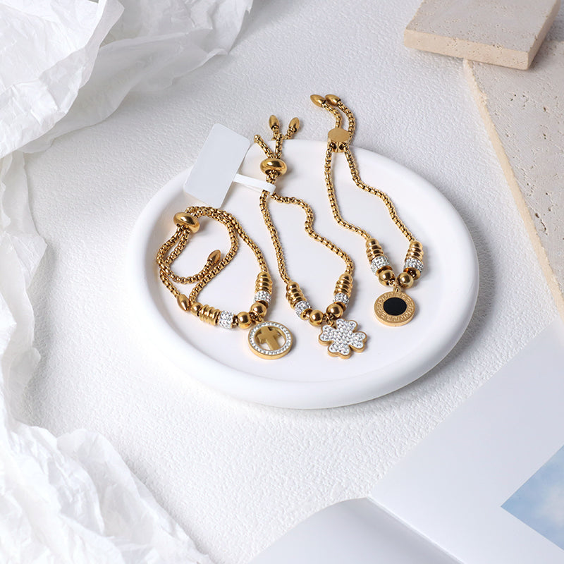 Newest 2023 Manufacture Fashion Factory Wholesale Custom Jewelry Stainless Steel Gold Plated Ajustable CZ Round Cross Flower Charm Bracelet Bangle For Women Gift