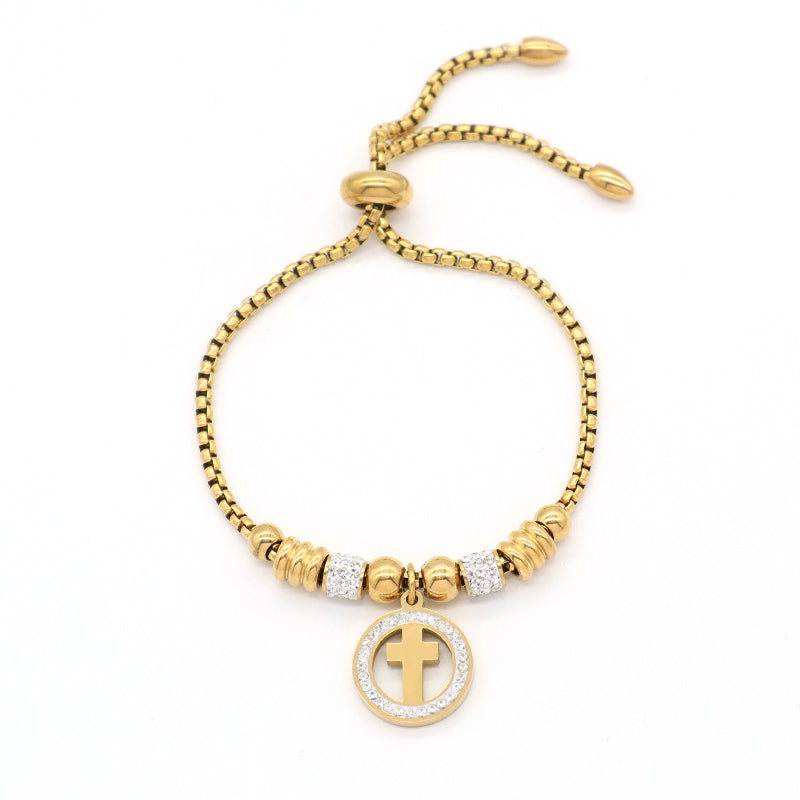 Newest 2023 Manufacture Fashion Factory Wholesale Custom Jewelry Stainless Steel Gold Plated Ajustable CZ Round Cross Flower Charm Bracelet Bangle For Women Gift