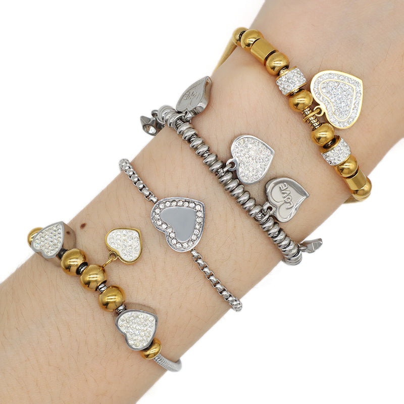 Wholesale Fashionable Custom Manufacture China Factory Love Heart Charm Bracelet Jewelry Ajustable CZ Women Gold Plated Love Stainless Steel Cuff Bangle For Gift Women