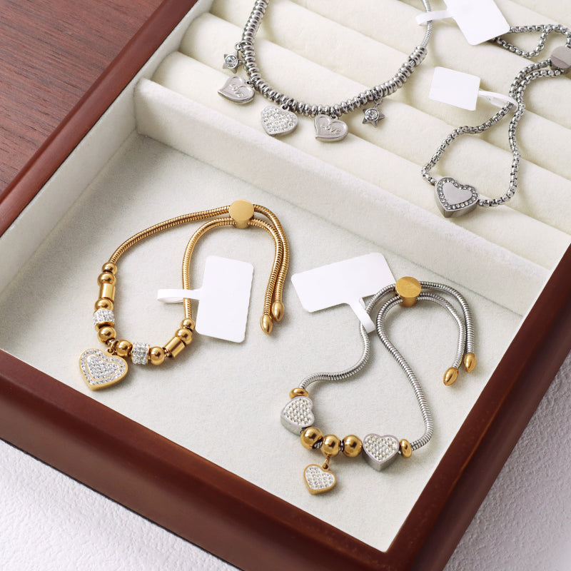Wholesale Fashionable Custom Manufacture China Factory Love Heart Charm Bracelet Jewelry Ajustable CZ Women Gold Plated Love Stainless Steel Cuff Bangle For Gift Women