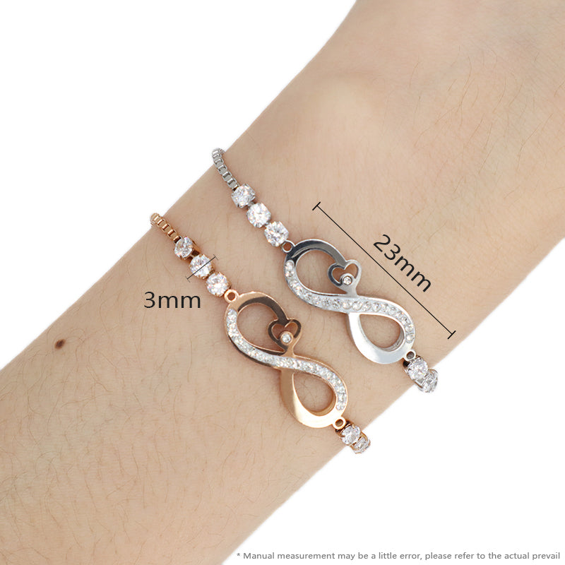 Hot Selling Wholesale New Manufacture Fashion Factory Custom Jewelry Women Ajustable Stainless Steel Rose Gold CZ Heart Infinite Charm Bracelet Bangle For Gift