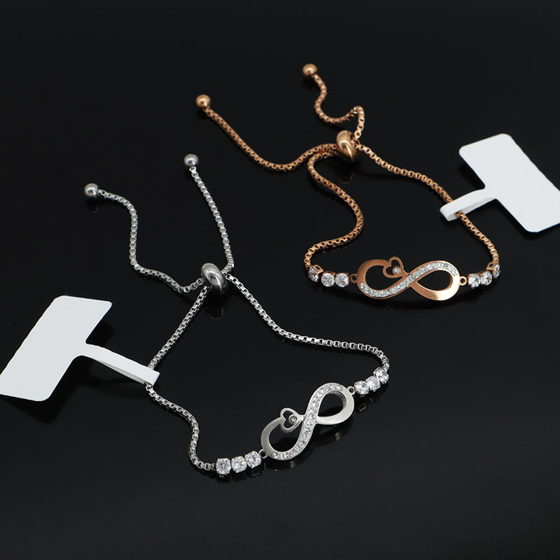 Hot Selling Wholesale New Manufacture Fashion Factory Custom Jewelry Women Ajustable Stainless Steel Rose Gold CZ Heart Infinite Charm Bracelet Bangle For Gift