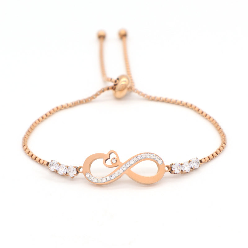 Hot Selling Wholesale New Manufacture Fashion Factory Custom Jewelry Women Ajustable Stainless Steel Rose Gold CZ Heart Infinite Charm Bracelet Bangle For Gift