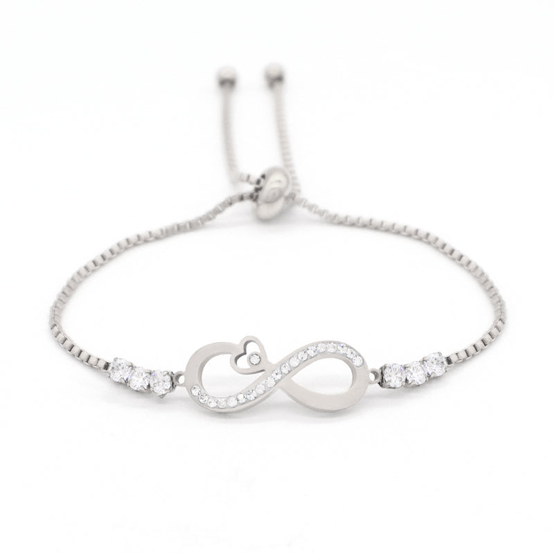 Hot Selling Wholesale New Manufacture Fashion Factory Custom Jewelry Women Ajustable Stainless Steel Rose Gold CZ Heart Infinite Charm Bracelet Bangle For Gift