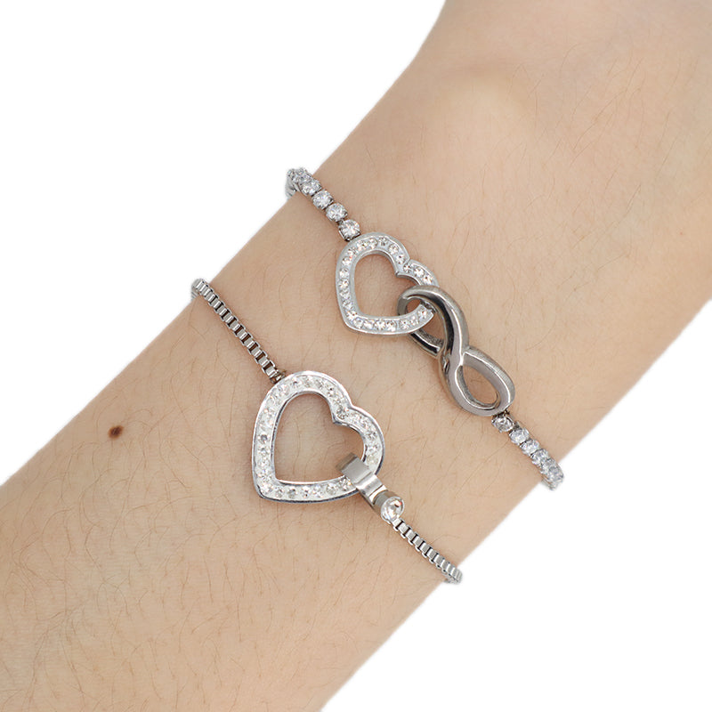 Wholesale Customized Newest Manufacture Fashion Factory Jewelry Stainless Steel No Tarnish CZ Love Heart Charm Ajustable Bracelet Bangle For Women Gift