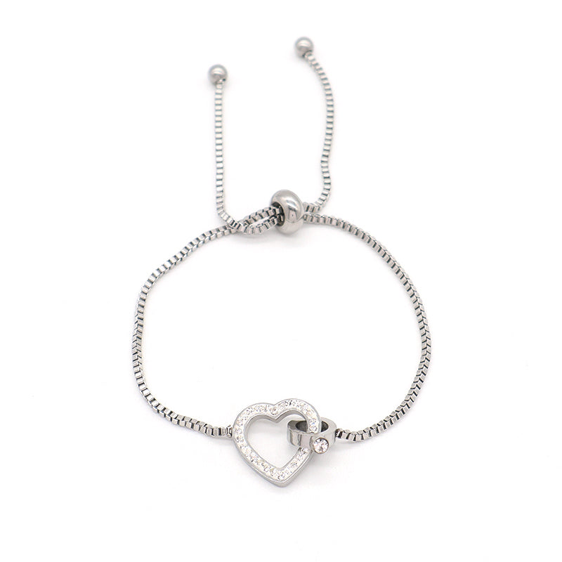 Wholesale Customized Newest Manufacture Fashion Factory Jewelry Stainless Steel No Tarnish CZ Love Heart Charm Ajustable Bracelet Bangle For Women Gift