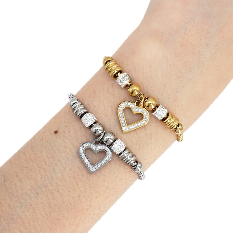 Newest Custom Wholesale Fashion China Factory Women Heart Charm Bracelet Jewelry Ajustable CZ Gold Plated Stainless Steel Heart Bangle