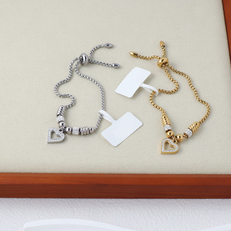 Newest Custom Wholesale Fashion China Factory Women Heart Charm Bracelet Jewelry Ajustable CZ Gold Plated Stainless Steel Heart Bangle