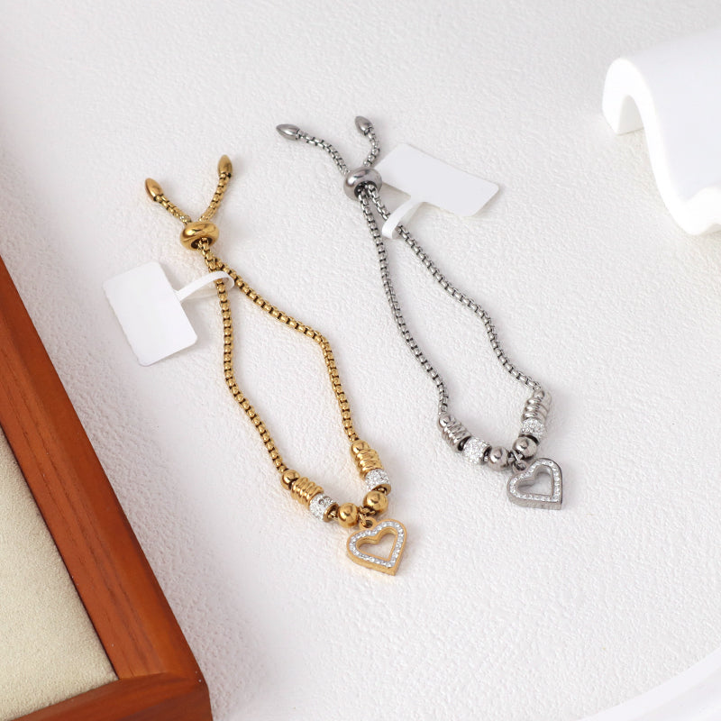 Newest Custom Wholesale Fashion China Factory Women Heart Charm Bracelet Jewelry Ajustable CZ Gold Plated Stainless Steel Heart Bangle