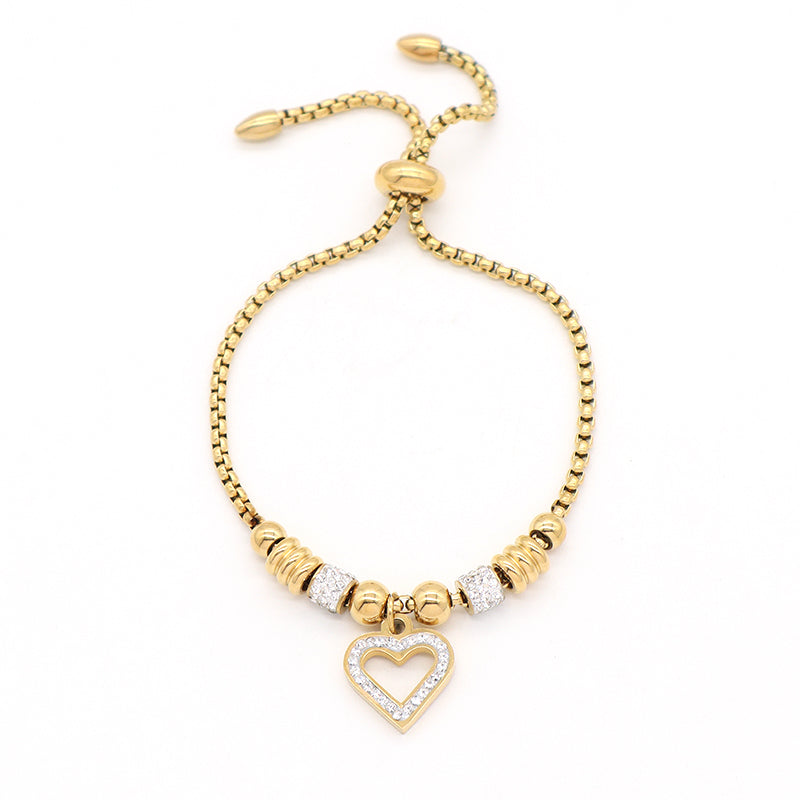 Newest Custom Wholesale Fashion China Factory Women Heart Charm Bracelet Jewelry Ajustable CZ Gold Plated Stainless Steel Heart Bangle