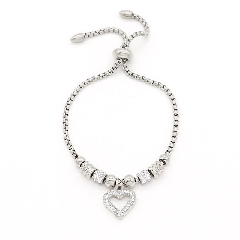 Newest Custom Wholesale Fashion China Factory Women Heart Charm Bracelet Jewelry Ajustable CZ Gold Plated Stainless Steel Heart Bangle