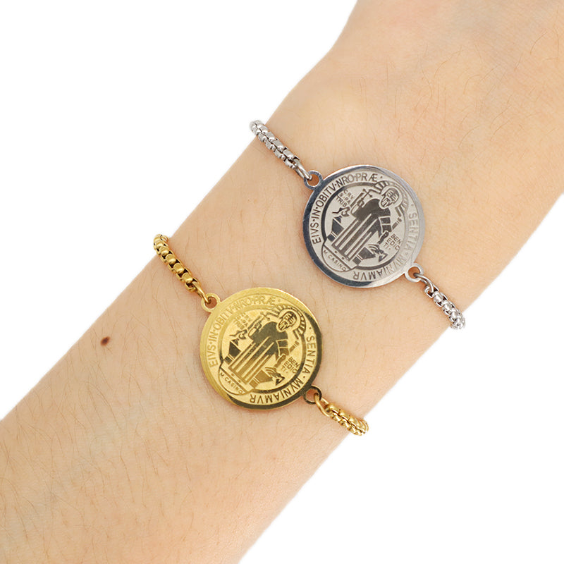 Manufacture Custom Factory New Wholesale Trendy Women Religious Charm Bracelet Jewelry Ajustable Stainless Steel CZ Gold Plated Religious Bangle