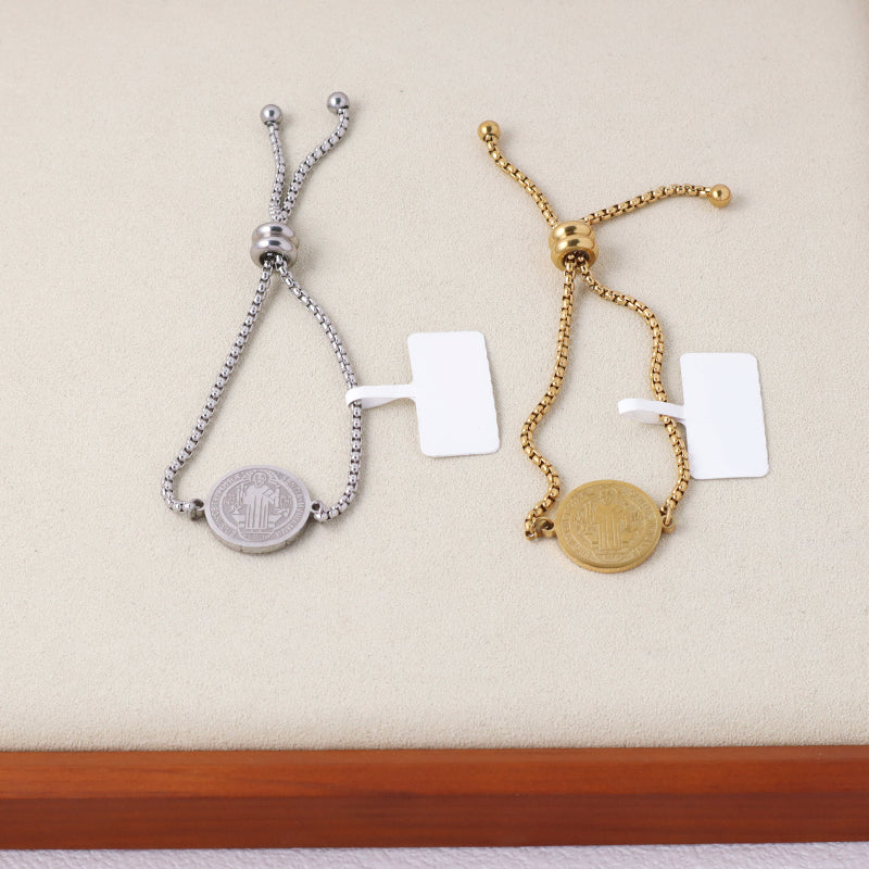Manufacture Custom Factory New Wholesale Trendy Women Religious Charm Bracelet Jewelry Ajustable Stainless Steel CZ Gold Plated Religious Bangle