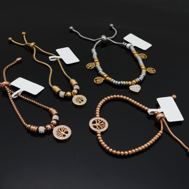 Variouis Wholesale Fashionable Custom Manufacture China Factory Lift Tree Charm Bracelet Jewelry Ajustable CZ Women Gift Gold Plated Rose Gold Love Heart Stainless Steel Cuff Bangle