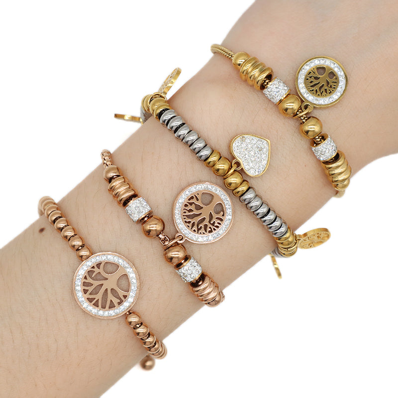 Variouis Wholesale Fashionable Custom Manufacture China Factory Lift Tree Charm Bracelet Jewelry Ajustable CZ Women Gift Gold Plated Rose Gold Love Heart Stainless Steel Cuff Bangle