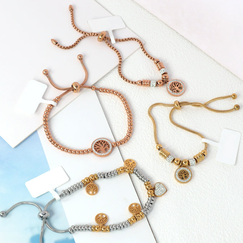 Variouis Wholesale Fashionable Custom Manufacture China Factory Lift Tree Charm Bracelet Jewelry Ajustable CZ Women Gift Gold Plated Rose Gold Love Heart Stainless Steel Cuff Bangle