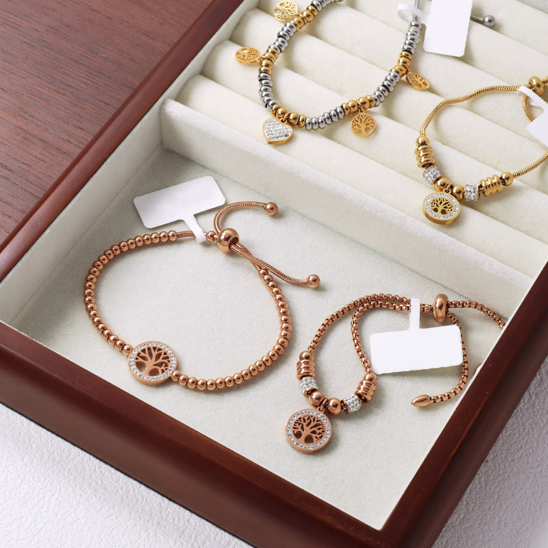 Variouis Wholesale Fashionable Custom Manufacture China Factory Lift Tree Charm Bracelet Jewelry Ajustable CZ Women Gift Gold Plated Rose Gold Love Heart Stainless Steel Cuff Bangle