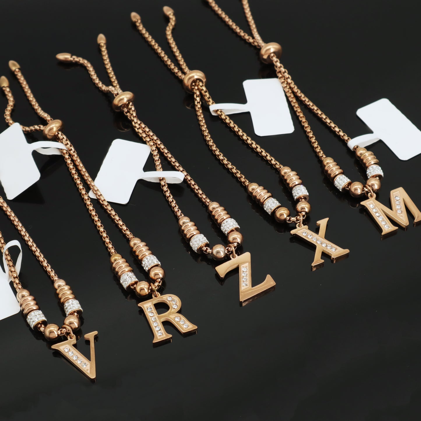 Fashion Design Manufacture Custom Factory New Wholesale Trendy Women Initial Letter Charm Bracelet Jewelry Ajustable Stainless Steel CZ Rose Gold Plated Initial Letter Bangle
