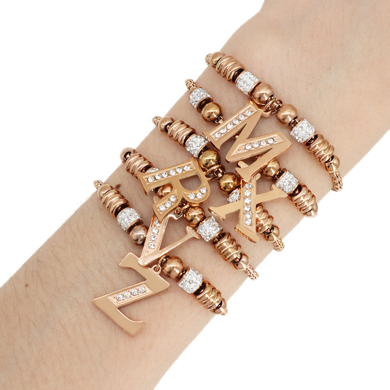 Fashion Design Manufacture Custom Factory New Wholesale Trendy Women Initial Letter Charm Bracelet Jewelry Ajustable Stainless Steel CZ Rose Gold Plated Initial Letter Bangle
