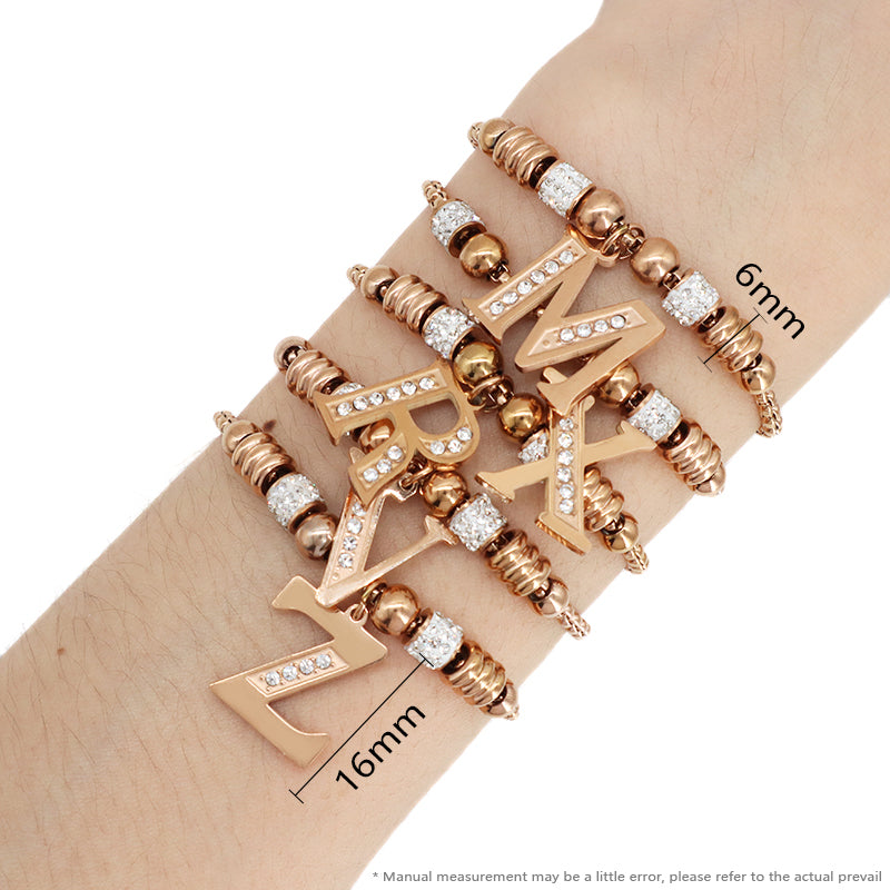 Fashion Design Manufacture Custom Factory New Wholesale Trendy Women Initial Letter Charm Bracelet Jewelry Ajustable Stainless Steel CZ Rose Gold Plated Initial Letter Bangle