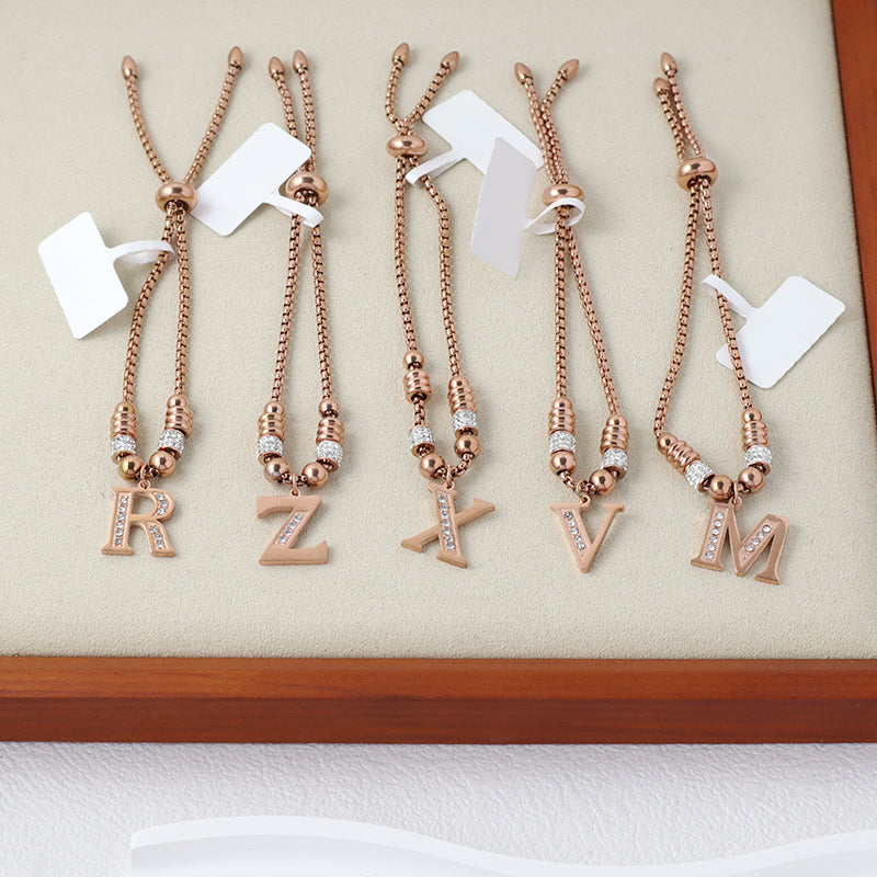 Fashion Design Manufacture Custom Factory New Wholesale Trendy Women Initial Letter Charm Bracelet Jewelry Ajustable Stainless Steel CZ Rose Gold Plated Initial Letter Bangle
