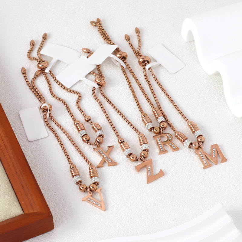 Fashion Design Manufacture Custom Factory New Wholesale Trendy Women Initial Letter Charm Bracelet Jewelry Ajustable Stainless Steel CZ Rose Gold Plated Initial Letter Bangle