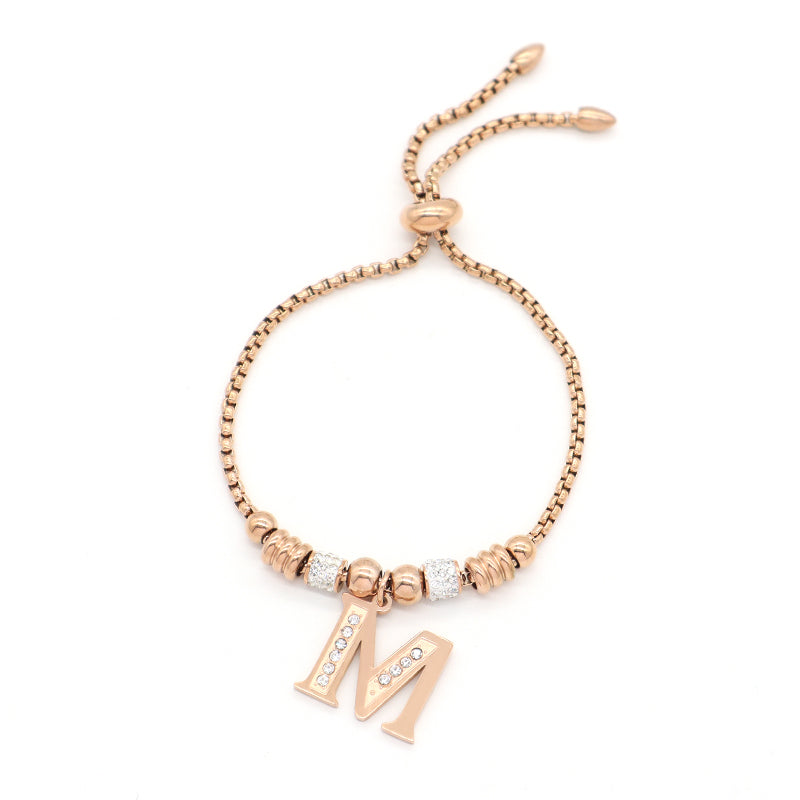 Fashion Design Manufacture Custom Factory New Wholesale Trendy Women Initial Letter Charm Bracelet Jewelry Ajustable Stainless Steel CZ Rose Gold Plated Initial Letter Bangle