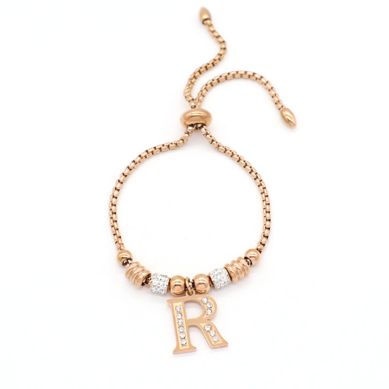 Fashion Design Manufacture Custom Factory New Wholesale Trendy Women Initial Letter Charm Bracelet Jewelry Ajustable Stainless Steel CZ Rose Gold Plated Initial Letter Bangle