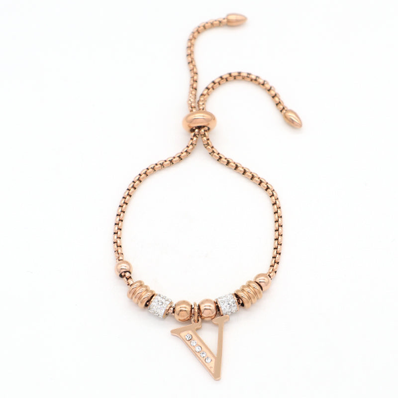Fashion Design Manufacture Custom Factory New Wholesale Trendy Women Initial Letter Charm Bracelet Jewelry Ajustable Stainless Steel CZ Rose Gold Plated Initial Letter Bangle