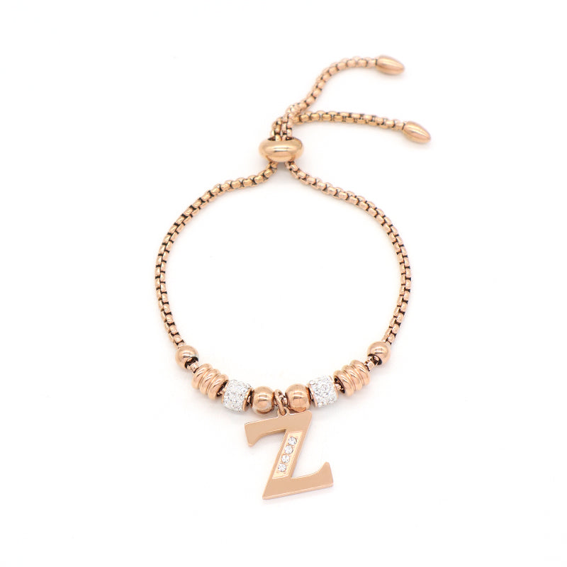 Fashion Design Manufacture Custom Factory New Wholesale Trendy Women Initial Letter Charm Bracelet Jewelry Ajustable Stainless Steel CZ Rose Gold Plated Initial Letter Bangle