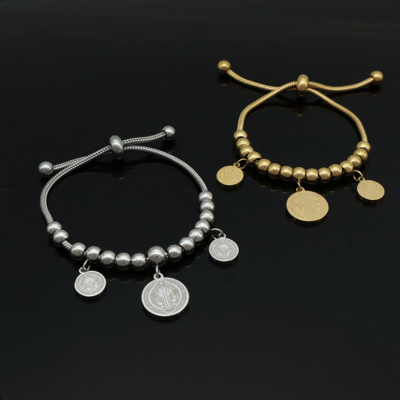 Customized New Wholesale Fashionable Manufacture China Factory Bracelet Jewelry Ajustable Gift Women Gold Plated Round Religion Charm Stainless Steel Cuff Bangle