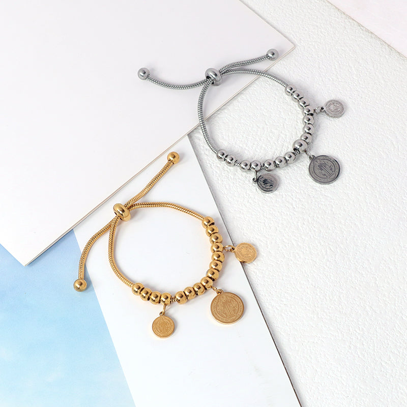 Customized New Wholesale Fashionable Manufacture China Factory Bracelet Jewelry Ajustable Gift Women Gold Plated Round Religion Charm Stainless Steel Cuff Bangle