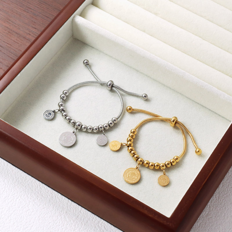 Customized New Wholesale Fashionable Manufacture China Factory Bracelet Jewelry Ajustable Gift Women Gold Plated Round Religion Charm Stainless Steel Cuff Bangle