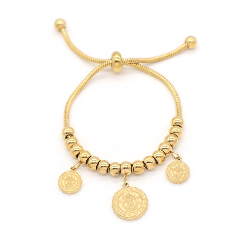 Customized New Wholesale Fashionable Manufacture China Factory Bracelet Jewelry Ajustable Gift Women Gold Plated Round Religion Charm Stainless Steel Cuff Bangle