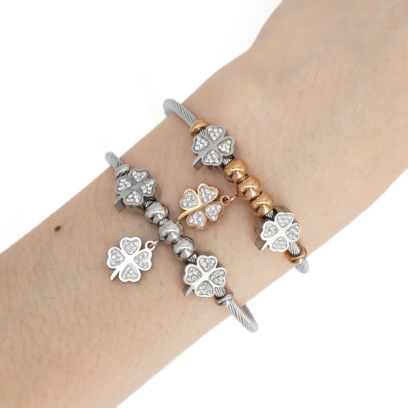 Manufacture Wholesale Custom China Factory Ajustable CZ Four-Leaf Clover Charm No Tarnish Stainless Steel Bracelet Bangle For Women