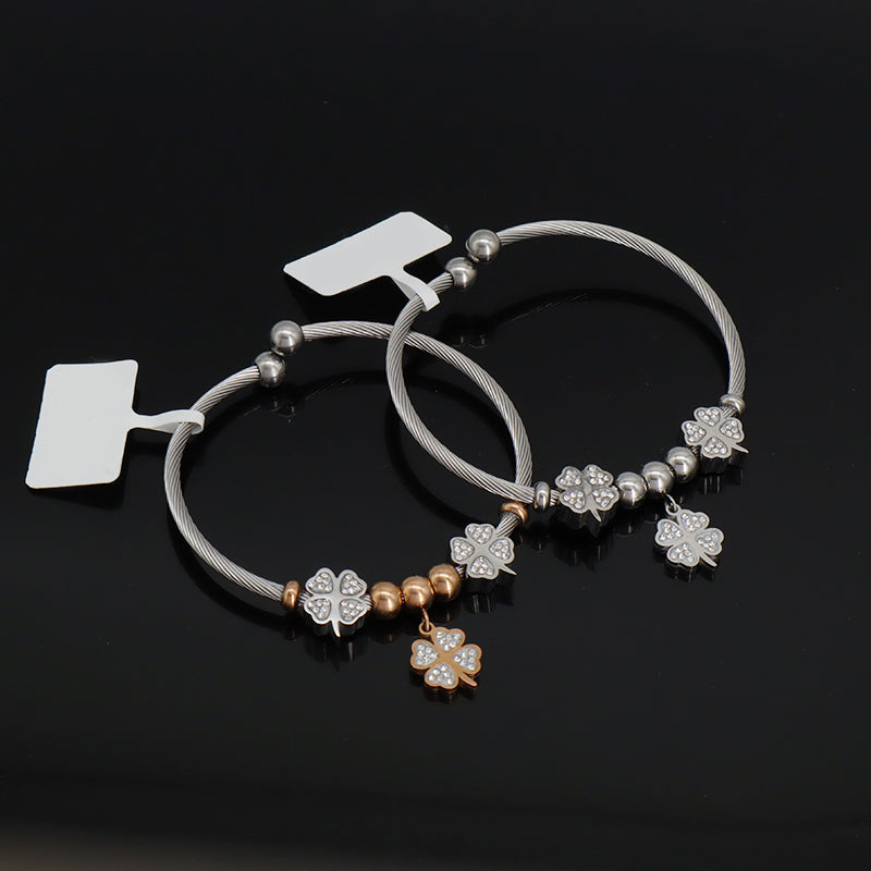 Manufacture Wholesale Custom China Factory Ajustable CZ Four-Leaf Clover Charm No Tarnish Stainless Steel Bracelet Bangle For Women