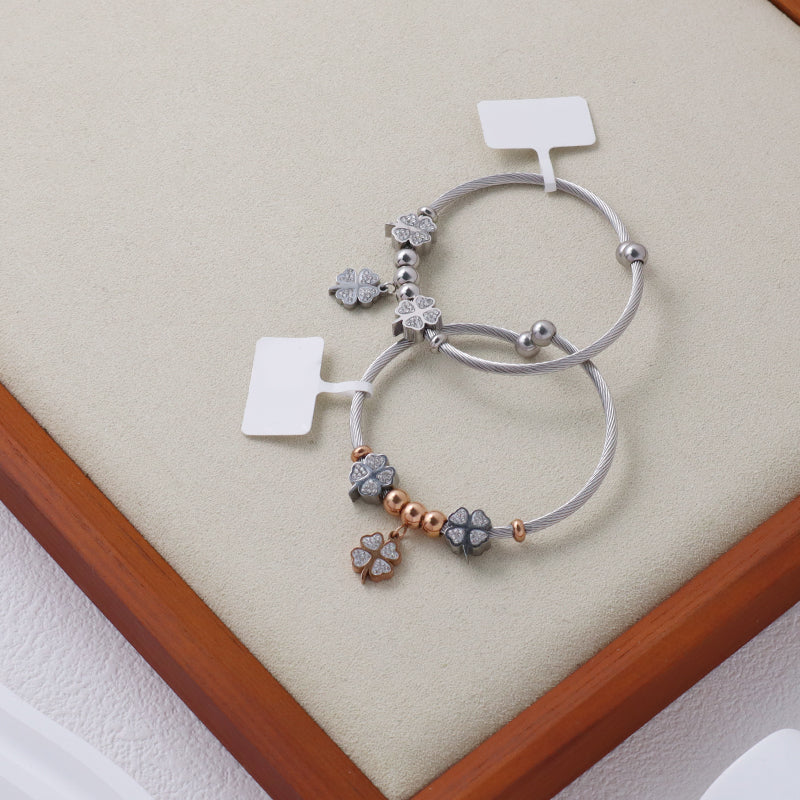 Manufacture Wholesale Custom China Factory Ajustable CZ Four-Leaf Clover Charm No Tarnish Stainless Steel Bracelet Bangle For Women