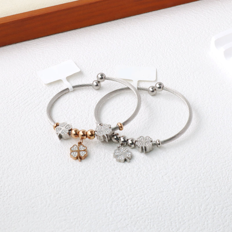 Manufacture Wholesale Custom China Factory Ajustable CZ Four-Leaf Clover Charm No Tarnish Stainless Steel Bracelet Bangle For Women