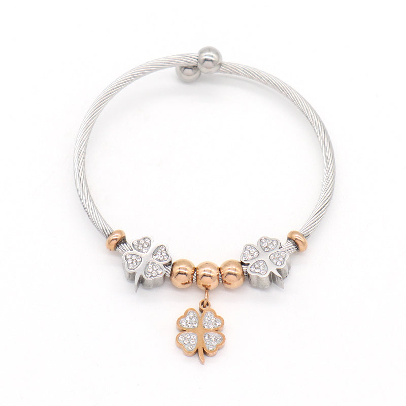Manufacture Wholesale Custom China Factory Ajustable CZ Four-Leaf Clover Charm No Tarnish Stainless Steel Bracelet Bangle For Women