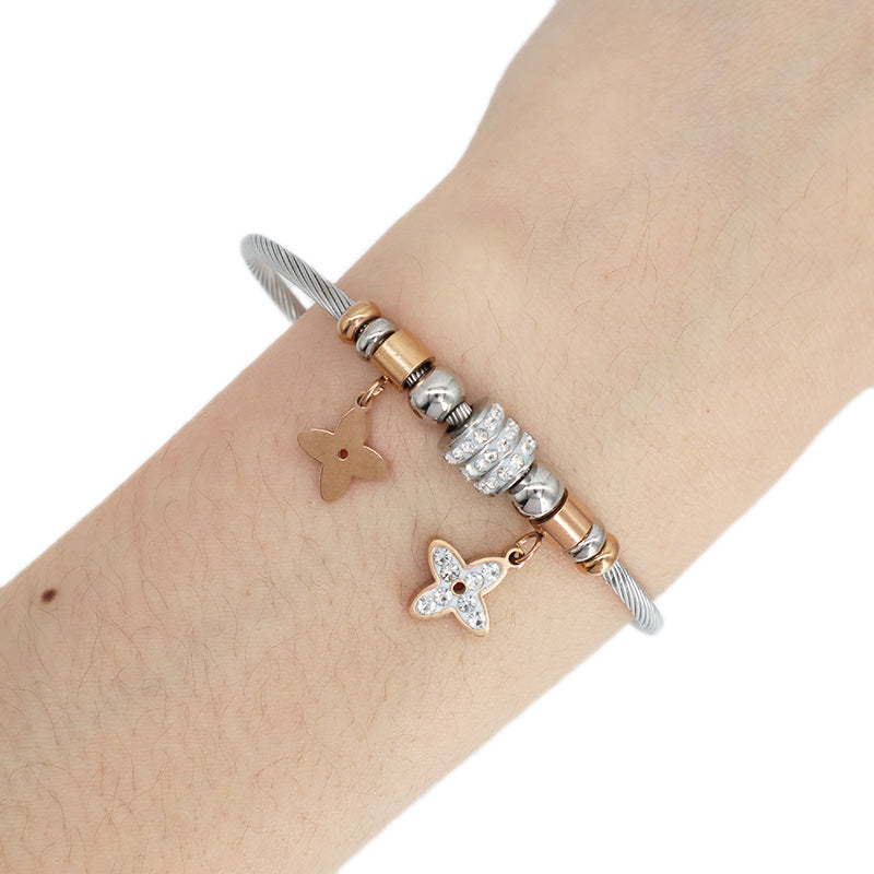 China Factory Wholesale Custom Manufacture Ajustable CZ Flower Charm No Tarnish Stainless Steel Bracelet Bangle For Women