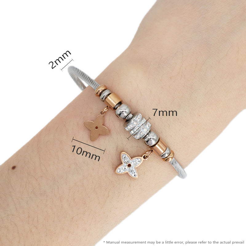 China Factory Wholesale Custom Manufacture Ajustable CZ Flower Charm No Tarnish Stainless Steel Bracelet Bangle For Women