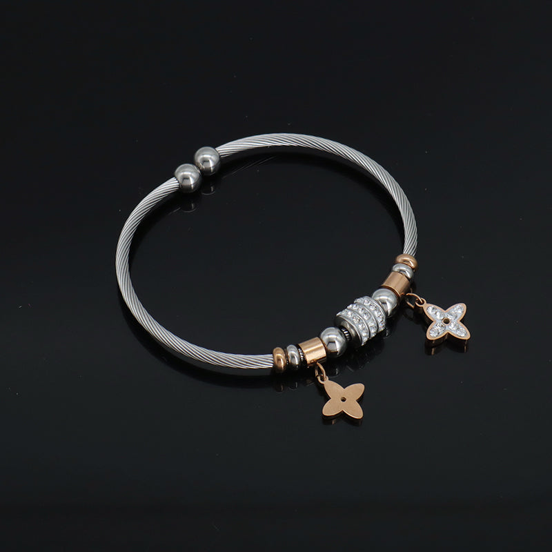 China Factory Wholesale Custom Manufacture Ajustable CZ Flower Charm No Tarnish Stainless Steel Bracelet Bangle For Women