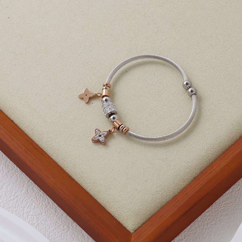 China Factory Wholesale Custom Manufacture Ajustable CZ Flower Charm No Tarnish Stainless Steel Bracelet Bangle For Women